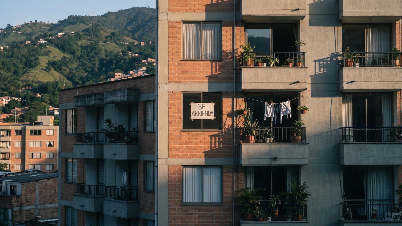 Fachada de un edificio de apartamentos en Medellín con un cartel de se arrienda escrito a mano en una ventana