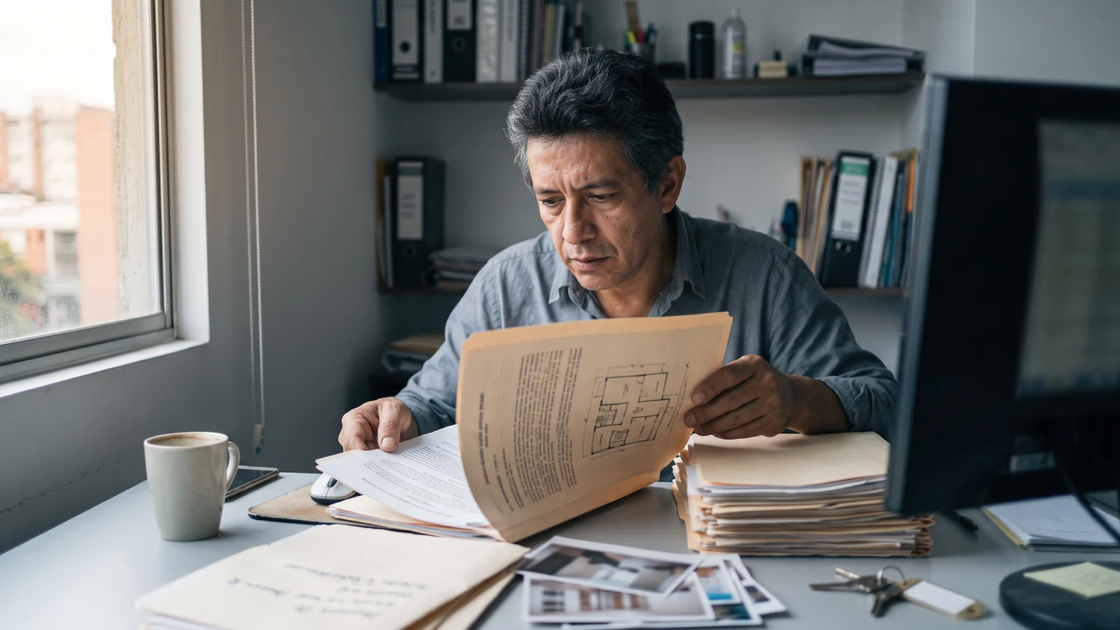 Un hombre revisa el plano de un inmueble en su escritorio, entre carpetas, fotos impresas y llaves